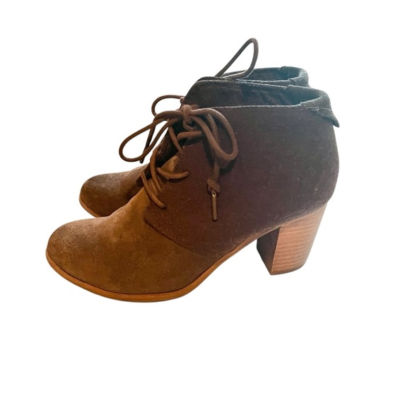 Toms Brown Chocolate Suede Wool Lunata Lace Up Heeled Ankle Booties Size 6.5 - Picture 4 of 16